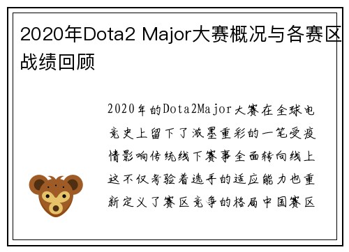 2020年Dota2 Major大赛概况与各赛区战绩回顾